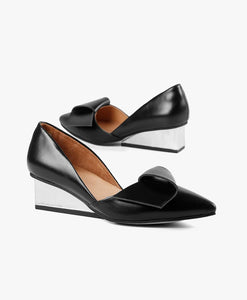 All Black Footwear - Half Bow Square Wedge - Black Leather